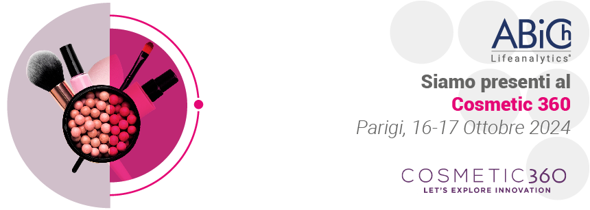 Illustrazione della pubblicità allo stand di Abich Lifeanalytics a In-Cosmetic 2024, leader in analisi chimiche e microbiologiche per cosmetici